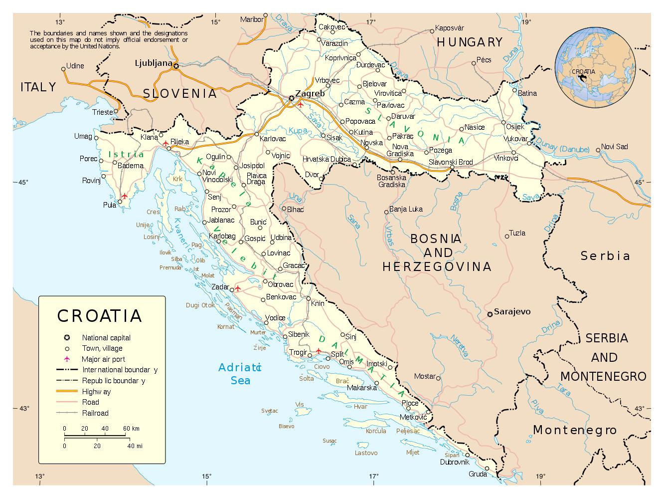 Kroatien städer karta - Karta över kroatien med städer (Södra Europa