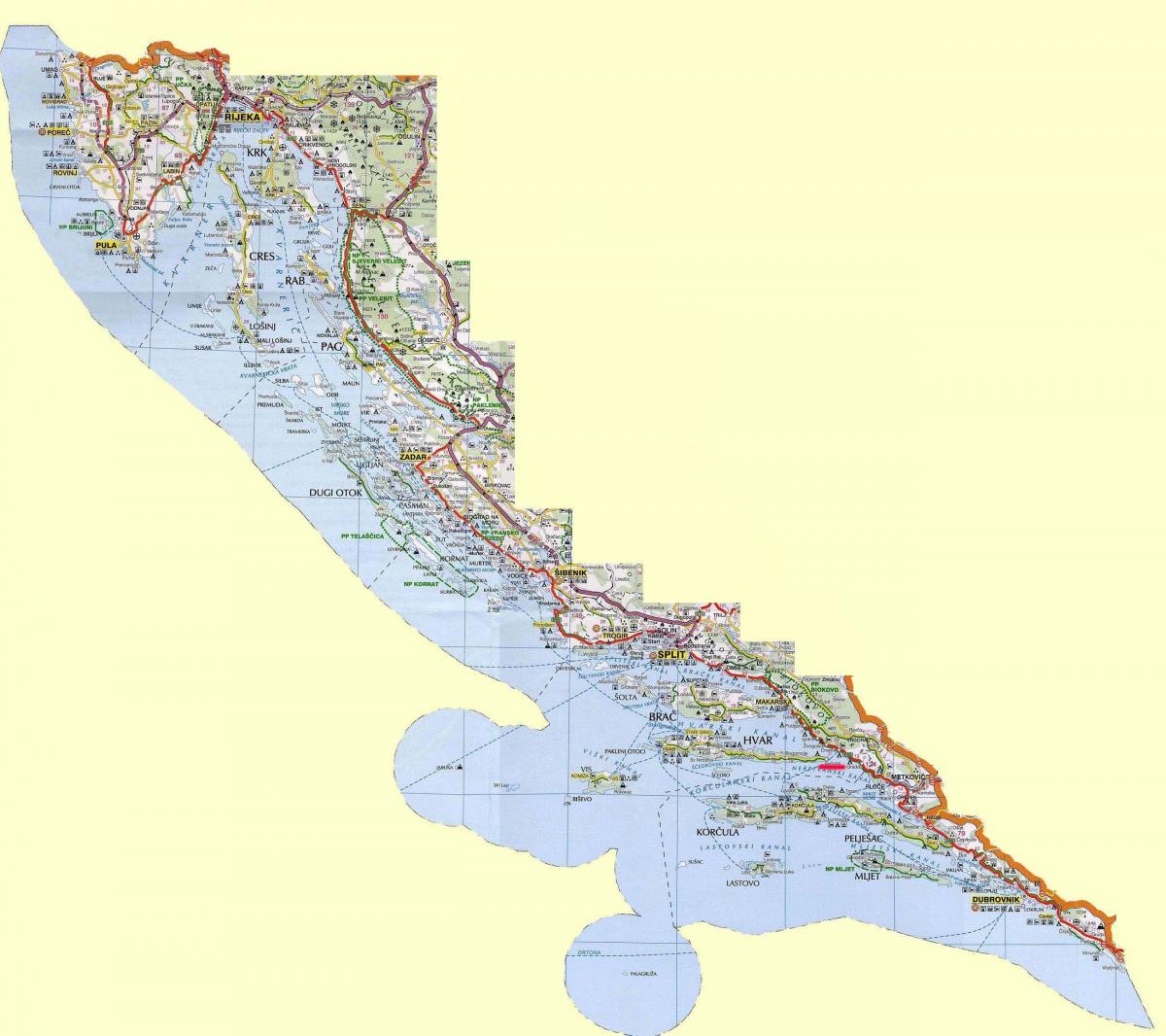 karta över kroatiska kusten och öarna