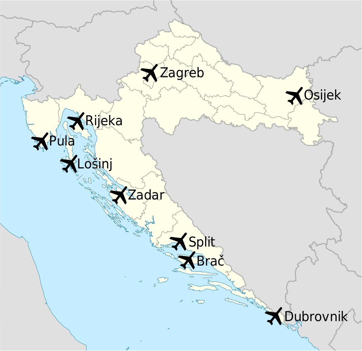 karta över kroatien visar flygplatser