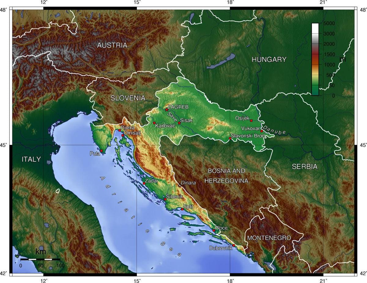 karta över kroatien topografiska